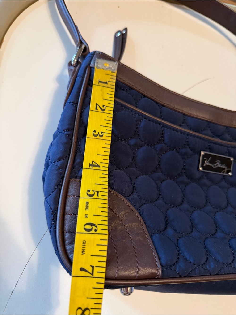 Vera Bradley Wildwood Park microfiber bag. Quilted navy blue with brown strap. - Picture 12 of 13